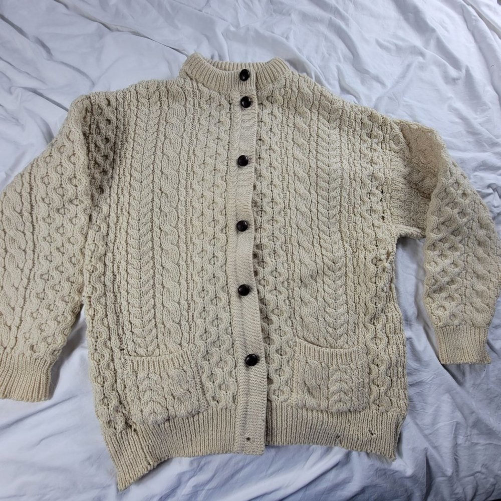 Cladyknit Ireland All Pure Wool Beige Womens Large Cardigan Sweater Warm Casual